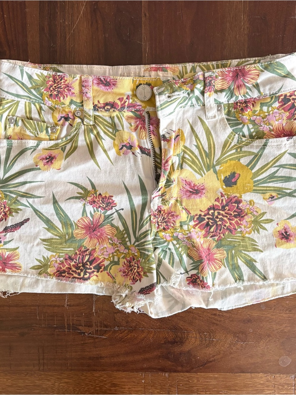 White Floral Denim Jean Shorts with Yellow & Pink Bloom Print